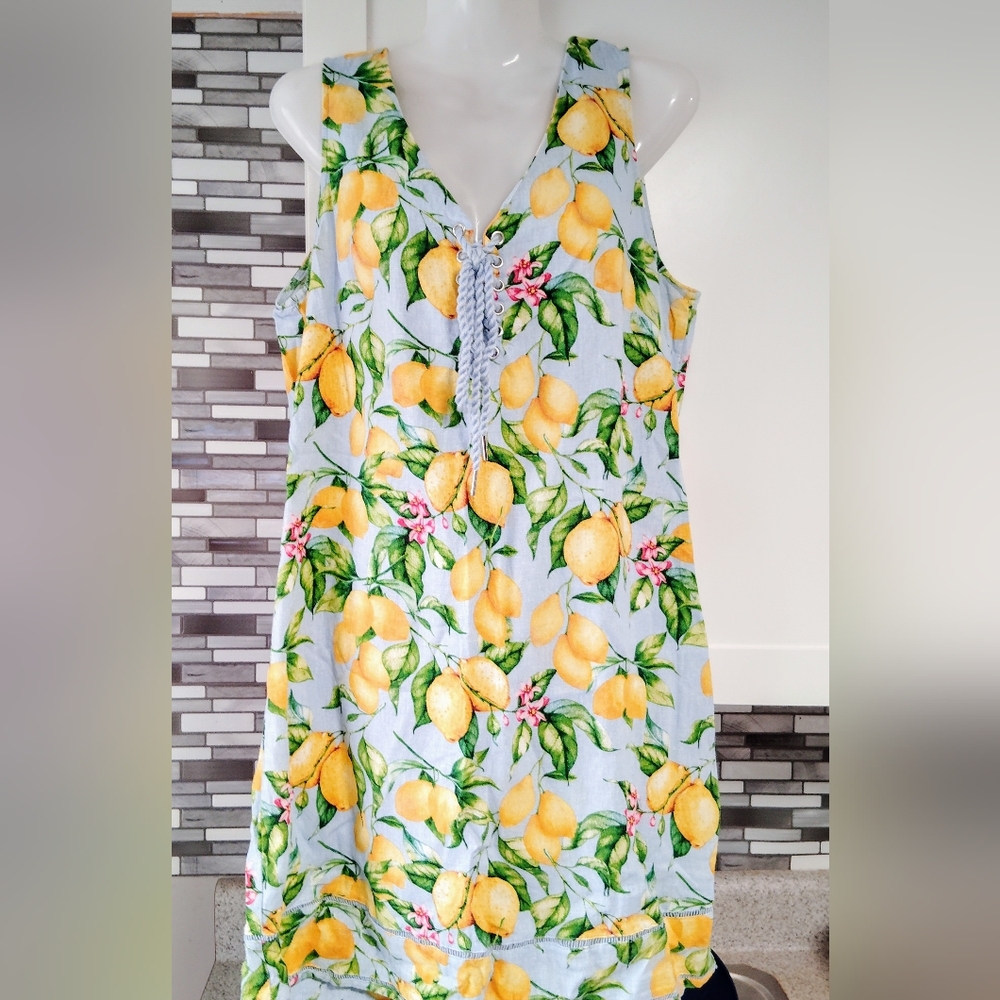For Cynthia Blue/Lemon Linen Sleeveless Shift Dress Lace Up Tie SZ M